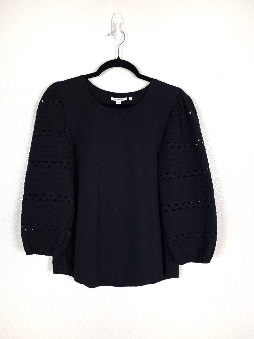 Chico's Black Knit Top Ric Rac Puff Sleeve Size Medium Cotton Spandex Stretch